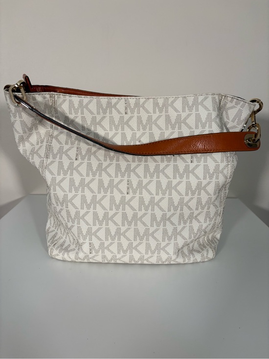 Michael Kors Handbags - Michael Kors White Logo Canvas Hobo with Brown Leather Strap